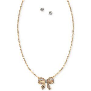 Holiday Lane Crystal Bow Necklace & Stud Earrings Set in Gold-Tone NWT